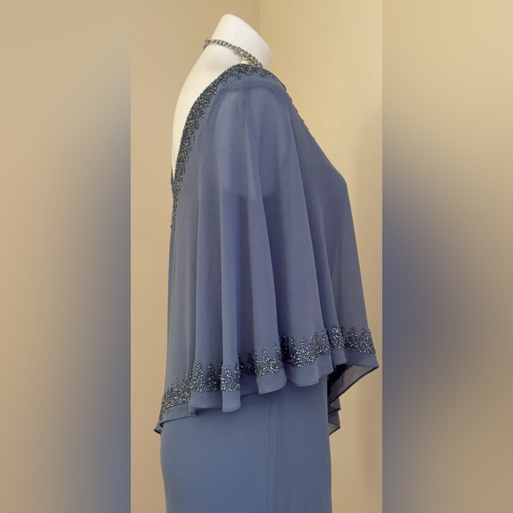 J Kara NWTS Overlay Asymmetrical Maxi Evening Dress Dusty Blue Sheer Bea… - Picture 8 of 16